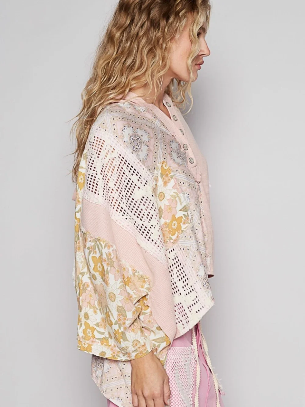 New POL Top Floral Panel Lace Half Placket Button Hoodie Oversized Top Shirt - Picture 3 of 5